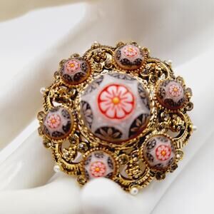 Vintage Micro Mosaic Floral Brooch, Gold Tone Filigree, 1 3/4 Inches